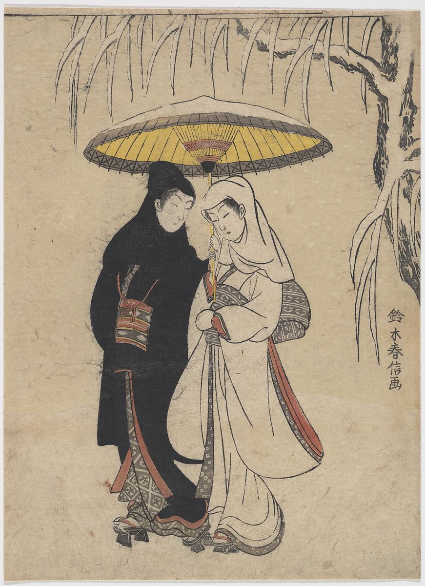 This woodblock print by Suzuki Harunobu depicts a couple on their Michiyuki walk which would have been their last walk together as well as the actual journey to the place they will commit shinju. The umbrella or ai ai gasa which they are walking under represents their deep devotion to one another even in the face of death to continue their love for one another in the afterlife. Some interesting notes are that the two subjects are shown as equals which was very uncommon hence the culture during Edo period Japan made women almost like property. In addition the color scheme and garments have significant meaning portrayed in a subtle manner. The garments themselves including the headdresses look like traditional buddhist wedding garbs. Which creates an interesting juxtaposition knowing they will die yet it is a joyous occasion at the same time. Also the buddhist references also mean that the color white represents death and spiritually and physically they are both defying cultural norms set by the largely Neo Confucius shogunate at the time. Lastly, the winter scene can be interpreted as an allegory for death and also the first stage of shinju before they are reborn into the afterlife via the imagery of death as winter and rebirth as spring.