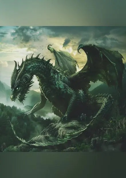 This picture shows a huge dragon standing on top of a mountain. The dragon's body is covered in dark green scales and has huge wings spread out on its back as if ready to take off. The dragon's head is full of majesty and power, with sharp horns on its head and sharp teeth showing from its mouth. In the background, a dense forest and distant mountains can be seen, and there are dark clouds in the sky, adding to the mysterious and tense atmosphere of the image. The overall image of this dragon gives off a feeling of power, majesty and invincibility.