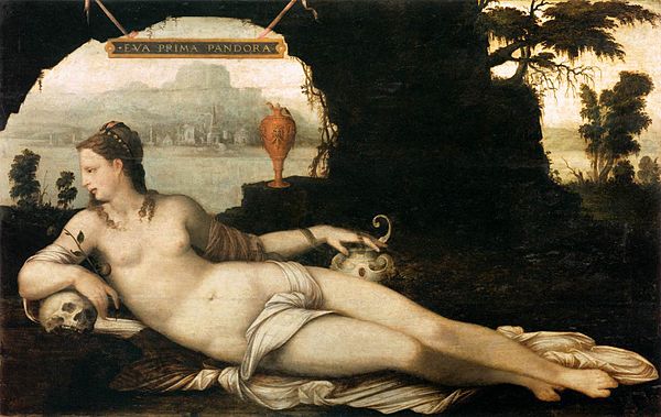 In this oil painting, there is a nude women laying in a cave. This woman is the depiction of Eve from the Bible as well as Pandora from Greek mythology. She is seen with an apple branch and human skull in her right arm and a snake wrapped around her right arm with a jug.