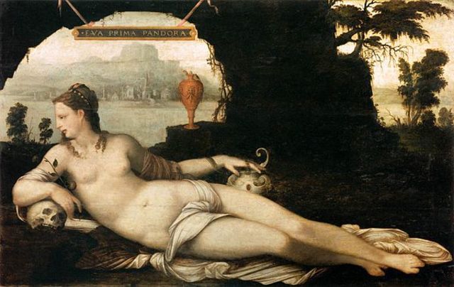 In this oil painting, there is a nude women laying in a cave. This woman is the depiction of Eve from the Bible as well as Pandora from Greek mythology. She is seen with an apple branch and human skull in her right arm and a snake wrapped around her right arm with a jug.