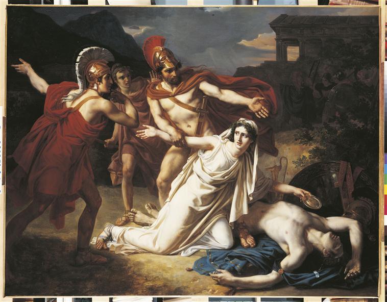 On this oil painting, Antigone is captured by guards when she is caught burying Polynice.