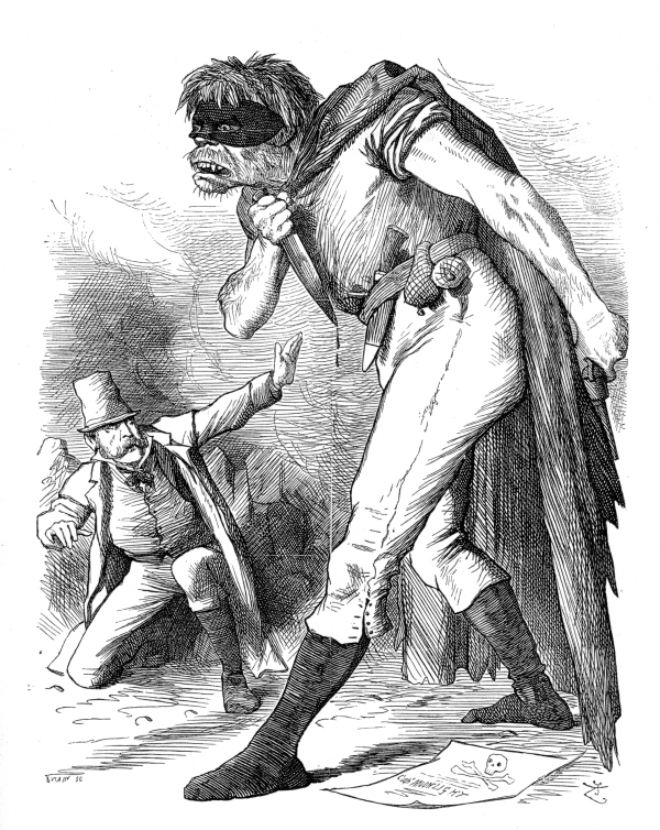 The image displays a sketched scene with two individuals. The right part of the image displays a very large, tall, and grotesk humanoid beast intended to be Frankenstein's monster. The monster is wearing tattered raggedy clothes with a cape and a black mask over its eyes. The person on the left, below this creature, is a sharp dressed man in a suit, top hat, and trench coat cowering in fear under the huge beast. Frankenstein's monster is also readily equipped with a knife in his right hand and another knife like object sheathed on his belt. Frankenstein's monster is snarling while looking onward as if it is uninterested in harming the man below him, but instead other individuals past the boarder of the image. Finally, there is what seems to be a wanted poster with a skull and crossbones on it laying at the feet of the monster as it moves to the left side of the image past the screaming man.. 