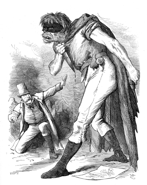 The image displays a sketched scene with two individuals. The right part of the image displays a very large, tall, and grotesk humanoid beast intended to be Frankenstein's monster. The monster is wearing tattered raggedy clothes with a cape and a black mask over its eyes. The person on the left, below this creature, is a sharp dressed man in a suit, top hat, and trench coat cowering in fear under the huge beast. Frankenstein's monster is also readily equipped with a knife in his right hand and another knife like object sheathed on his belt. Frankenstein's monster is snarling while looking onward as if it is uninterested in harming the man below him, but instead other individuals past the boarder of the image. Finally, there is what seems to be a wanted poster with a skull and crossbones on it laying at the feet of the monster as it moves to the left side of the image past the screaming man.. 