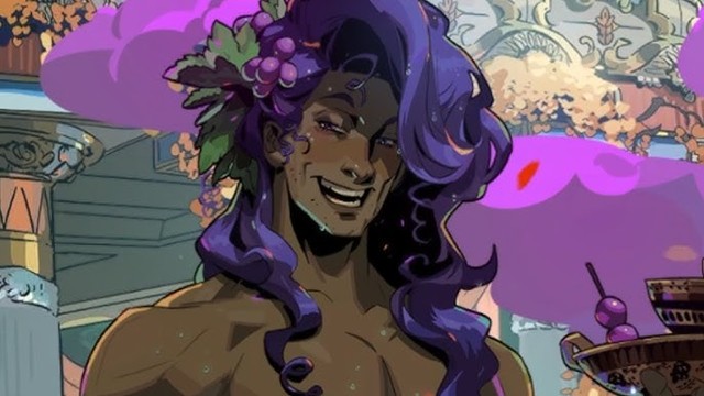 Colorful illustration featuring the Greek God Dionysus smiling and gazing off to the left of the viewer. He has long, flowy, purple hair with a bushel of grapes worn as a hair accessory. He looks mischievous and cunning, holding a drink (most likely wine) in his hand, indicating his possible drunkenness.  