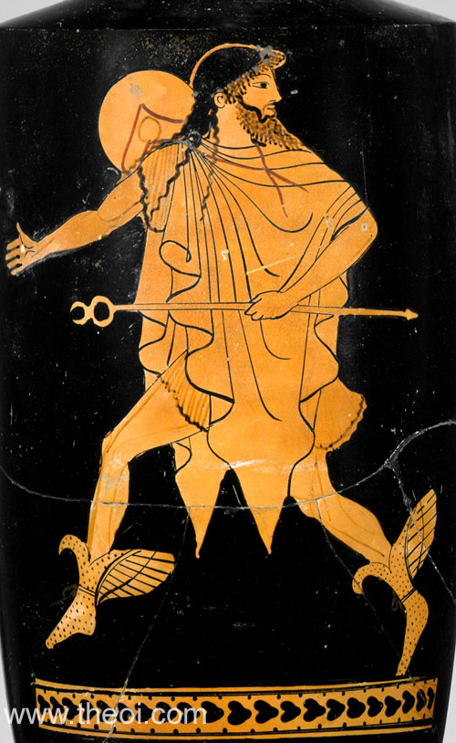 lekythos shaped vase, black background with yellow figure of Hermes wearing winged sandals and holding the caduceus (a herald’s staff topped by intertwined, copulating snakes).