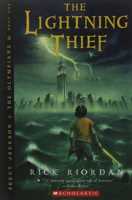 Book cover of The Lightning Thief showing title in gold letters, a boy in an orange shirt standing in stormy waters facing the New York City skyline with lightning bolts overhead. Author Rick Riordan’s name appears at the bottom.