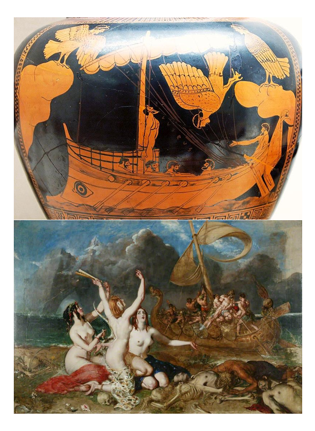 (Top) On this stamos vase, the Sirens are seen as giant birds with heads of women, swooping down from rock formations around Odysseus' vessel. Odysseus is tied to the mast, listening to the Sirens' song, while the crew, earplugged with beeswax, are rowing to safety. (Bottom) Three sirens are depicted singing on an island, with decaying corpses of sailors around them. The Sirens have entirely human-like appearances, depicted as naked and pale women with their arms waving in the air, and red and blue cloths draped over their legs. Odysseus' crew appears frantic in their efforts to leave, while Odysseus is tied to the mast, appearing significantly larger, muscular, and in better lighting than his crew.