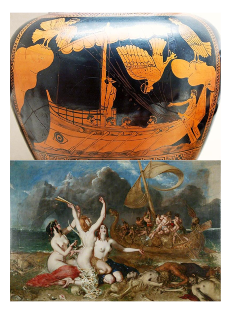 (Top) On this stamos vase, the Sirens are seen as giant birds with heads of women, swooping down from rock formations around Odysseus' vessel. Odysseus is tied to the mast, listening to the Sirens' song, while the crew, earplugged with beeswax, are rowing to safety. (Bottom) Three sirens are depicted singing on an island, with decaying corpses of sailors around them. The Sirens have entirely human-like appearances, depicted as naked and pale women with their arms waving in the air, and red and blue cloths draped over their legs. Odysseus' crew appears frantic in their efforts to leave, while Odysseus is tied to the mast, appearing significantly larger, muscular, and in better lighting than his crew.