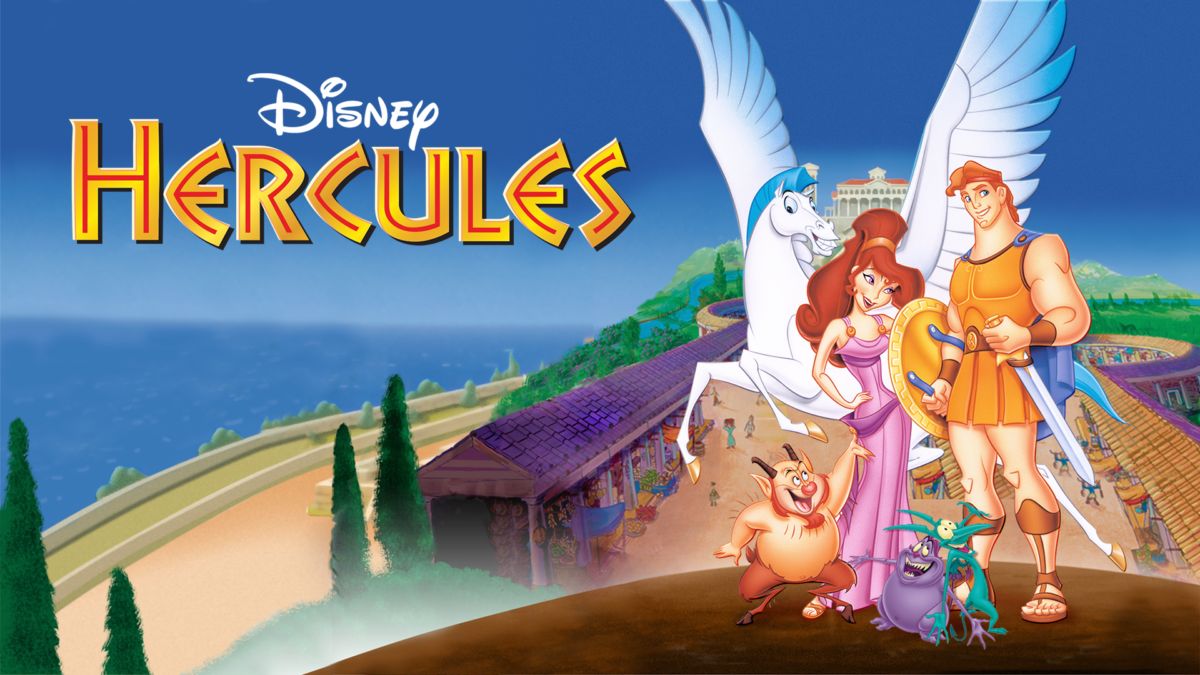 An image depicting the Disney animated film Hercules (1997). Hercules stands in the center next to his love interest Megara. Surrounding them, are Pain and Panic who are Hades’ shape-shifting demons, Pegasus who is a flying horse given to Hercules at birth, and Philoctetes the satyr.