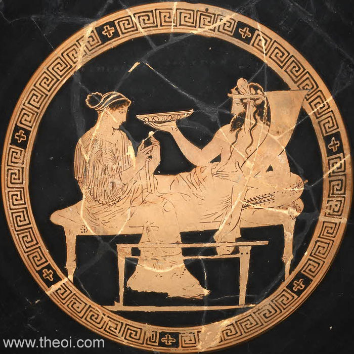 A painting of Hades and Persephone sitting on the bed, while the god holds a plate, the goddess holds a small item.