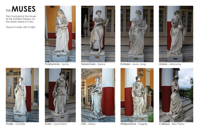 Pictures of the nine statues depicting the Muses at the Palace of Achilleion