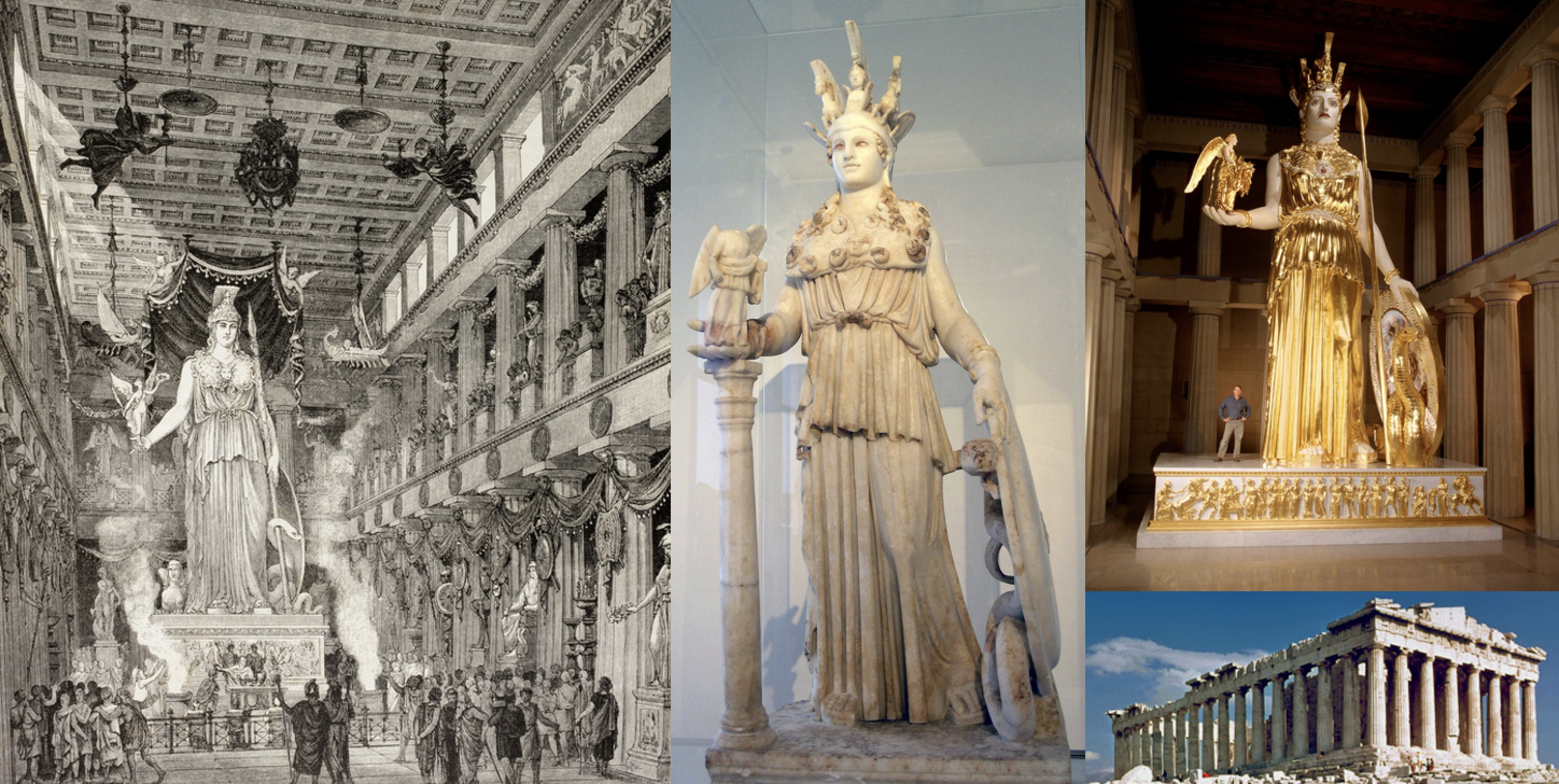 Images show reconstructions and copies of the Athena Parthenos statue, along with the Parthenon temple as it exists today.