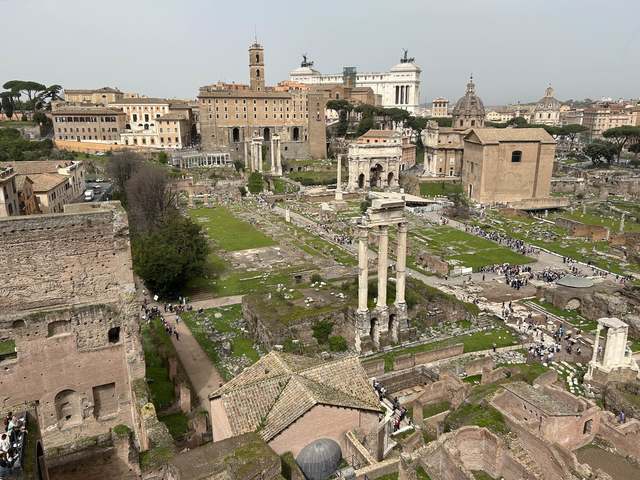 A wide shot photo of the Imperial Forum Archaeological Park in Rome on March 30th, 2024.