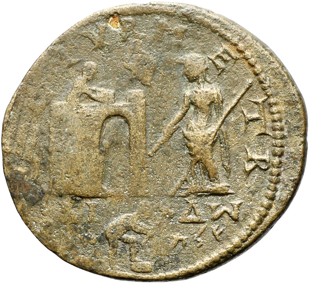Ancient coin depicting Dido standing left, holding ruler and sceptre, behind her palm tree, on left arched gate of Carthage on which mason sits and constructs; above, murex shell; below, man digging right, with pick