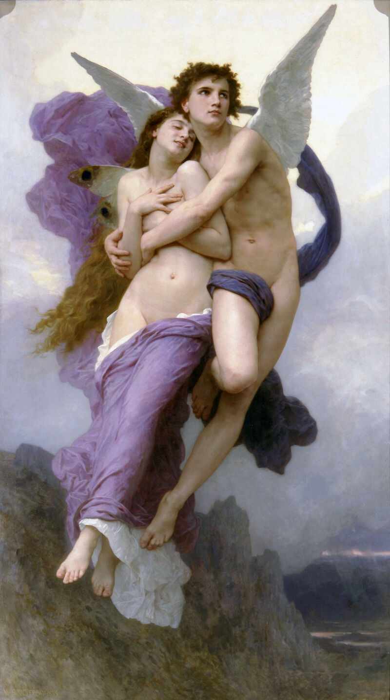 Eros has his arms around Psyche as he flies and leads them both up into the sky to his palace. Contrary to the painting's name, Psyche looks at peace in his arms, shown smiling amorously with her eyes closed. A piece of purple cloth is wrapped around the two lovers as if Eros has just whisked Psyche out of her bed.