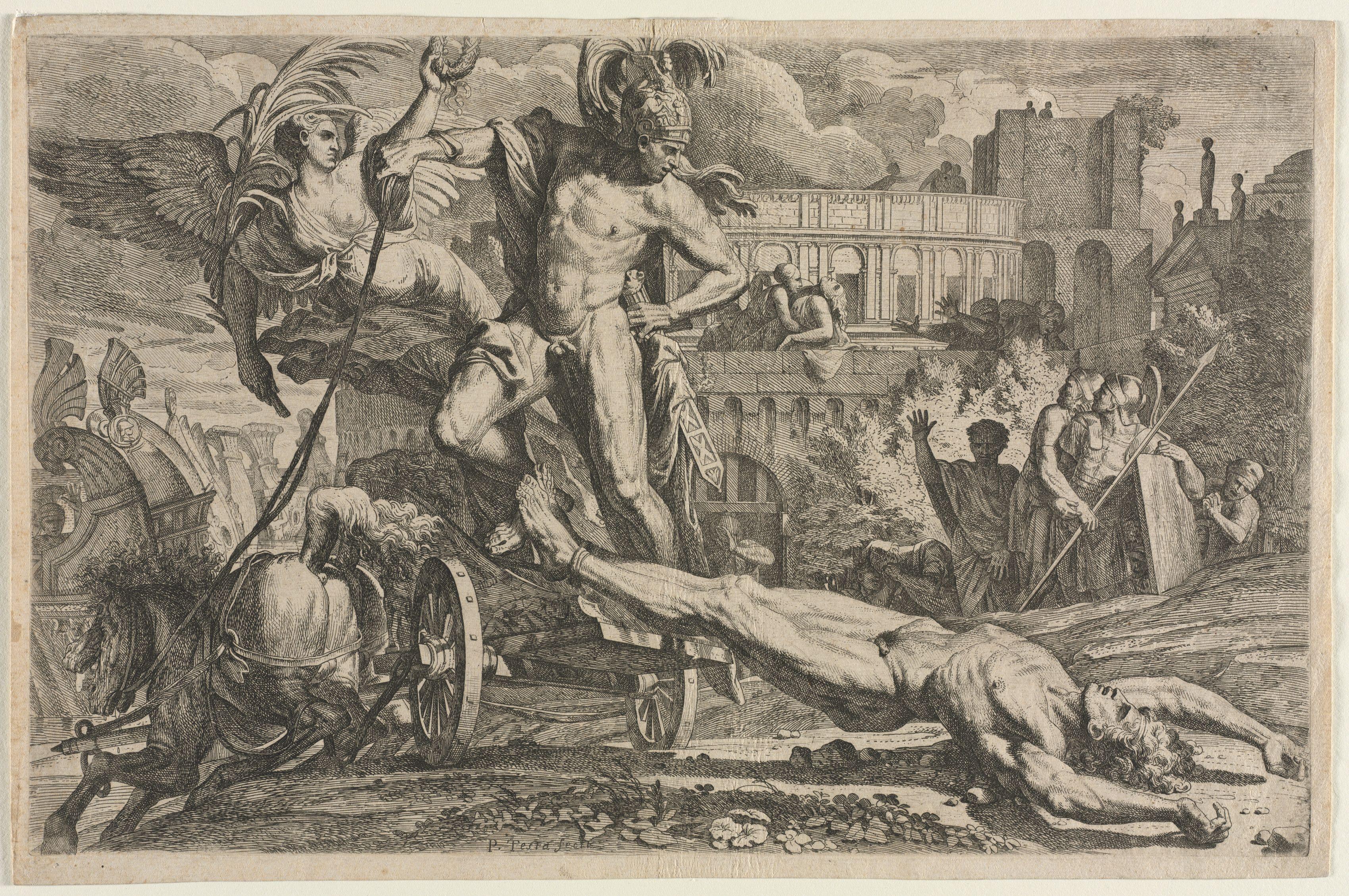 Greek hero Achilles rides a chariot, dragging the lifeless body of Trojan Prince Hector outside the gates of Troy in vengeance for Hector’s killing of Patroclus. The winged goddess Nike follows behind, carrying an olive wreath symbolizing victory. Soldiers stand in the background alongside the Trojan King and the fainting Queen, unable to prevent this act of dishonor.