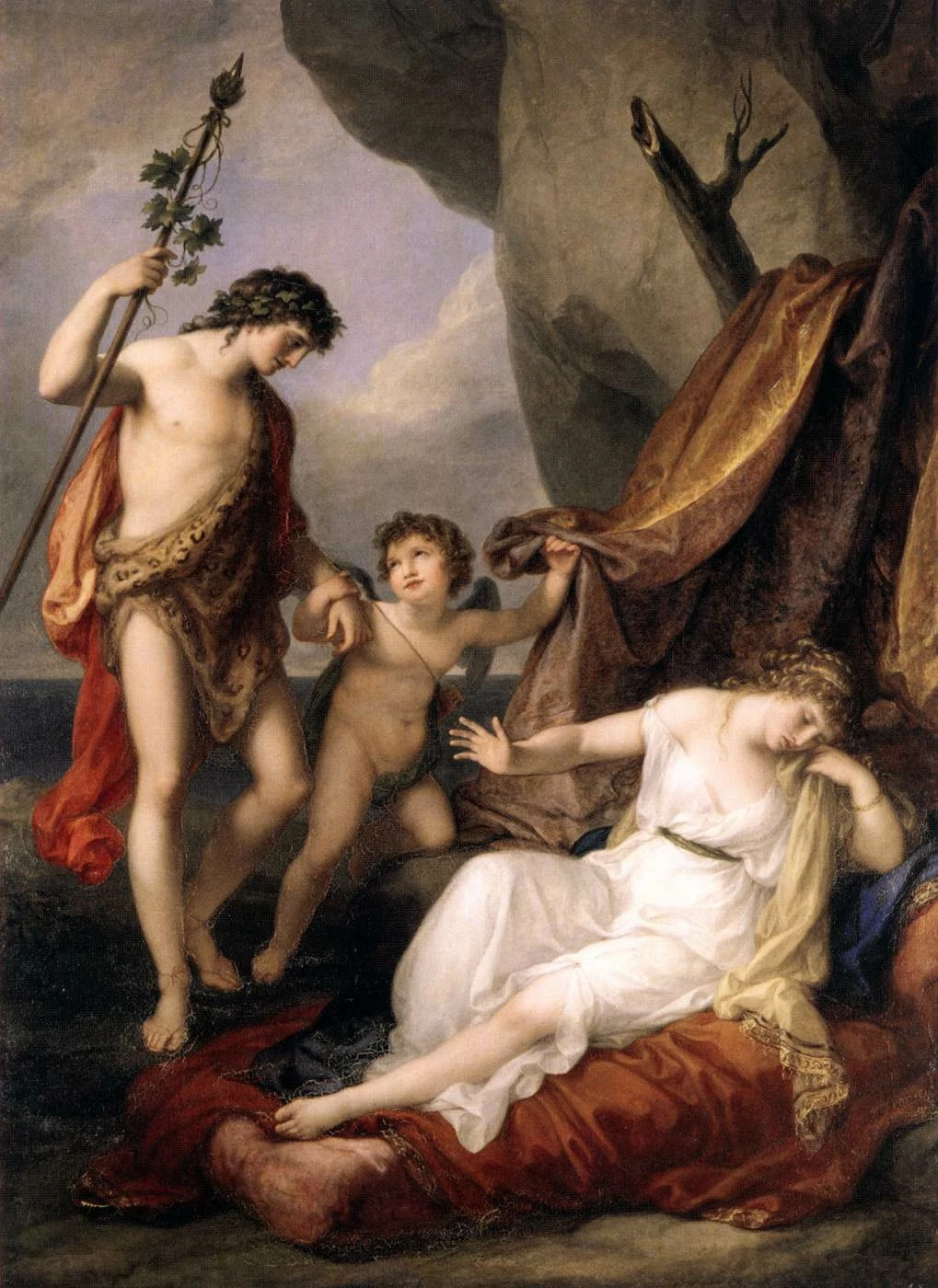 Dionysus, featured as a young man with a staff and head covering of dwindling vine and grape leaves, a draped cloak, and Bacchus accompanied as a plumper child with wings near the coast, finds Ariadne asleep on red bedding under the entrance of a cave.