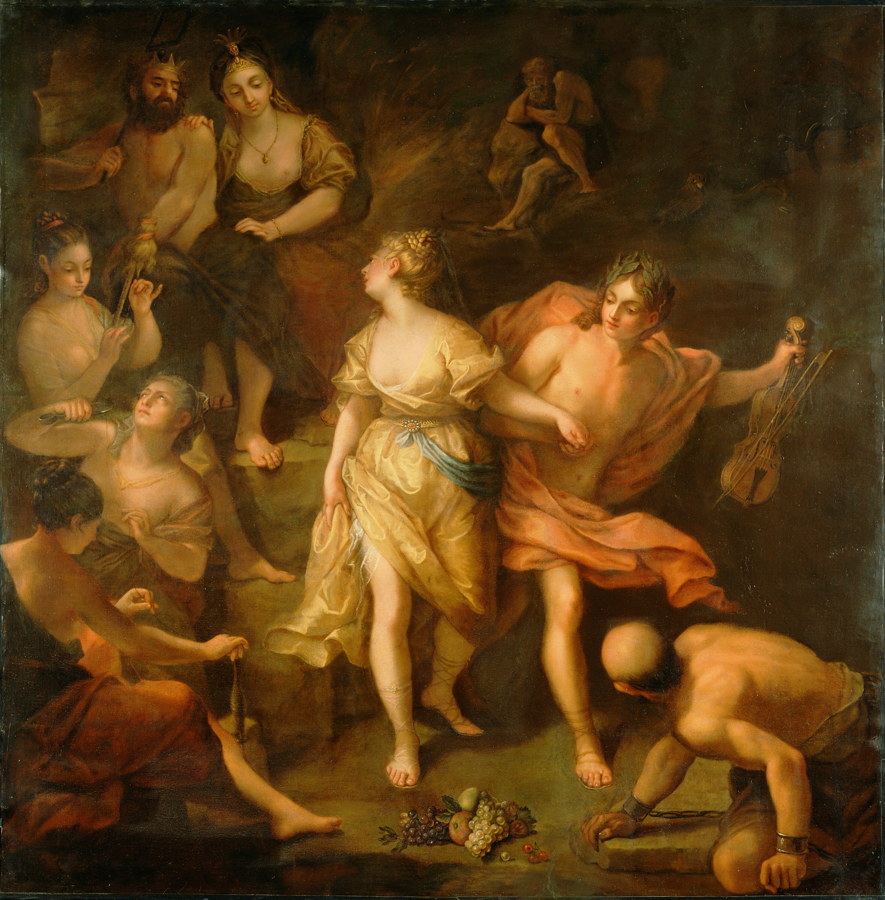 In the center Orpheus looks back on Eurydice painted as they go to leave the netherworld. The three fates watch from the left as do Pluto and Proserpine in the upper left.