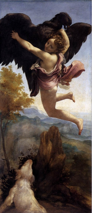 The painting is about an eagle that was grabbing a boy using its claws. THe eagle is dark brown and the boy is very young. There is also a dog on the ground. A skinny tree is by a short pile of wood that were by the dog that were on the ground. There were mountains in the background. The main color theme of the artwork is light gree. 