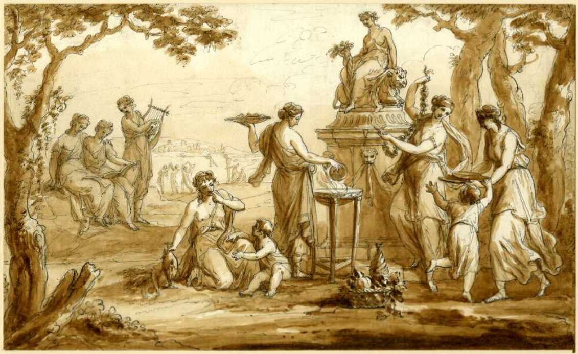 Several women and children stand in a forest in front of a statue of Demeter. They play instruments, dance, and leave food in front of the statue. The statue has a tall pillar base, with Demeter sitting on the back of a lion, holding some kind of plant. There are sprawling hills in the background with more figures. It is drawn in a dark pen and shaded with brown paint.