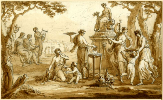 Several women and children stand in a forest in front of a statue of Demeter. They play instruments, dance, and leave food in front of the statue. The statue has a tall pillar base, with Demeter sitting on the back of a lion, holding some kind of plant. There are sprawling hills in the background with more figures. It is drawn in a dark pen and shaded with brown paint.