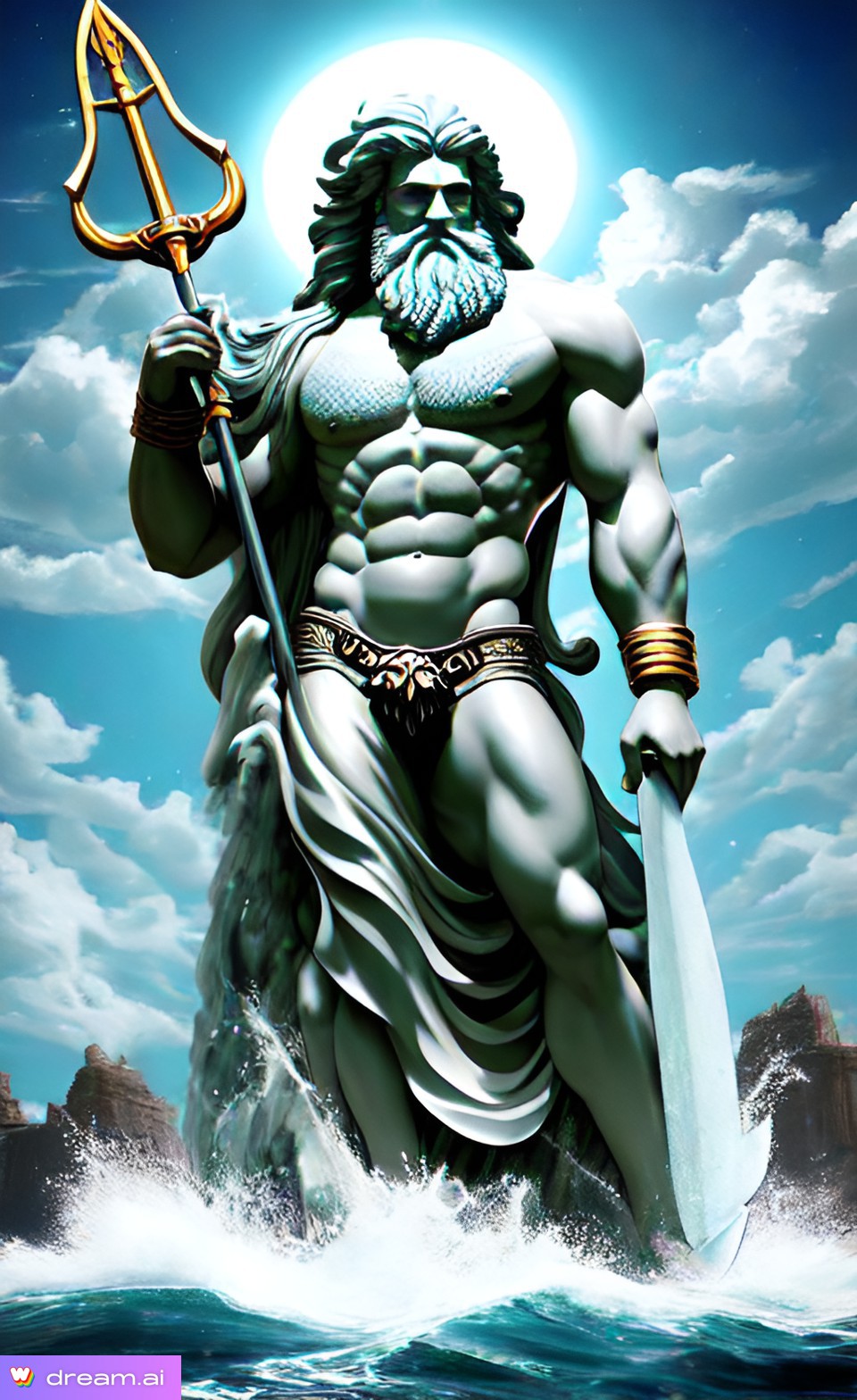 The image depicts the Greek God Poseidon holding a golden trident, standing in a body of water. Behind Poseidon are cliffs, on the side of the sea.
