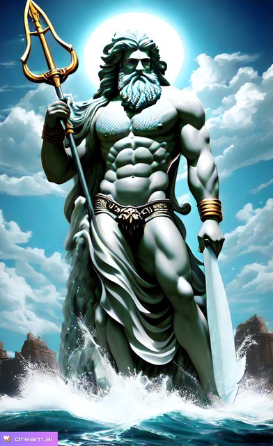The image depicts the Greek God Poseidon holding a golden trident, standing in a body of water. Behind Poseidon are cliffs, on the side of the sea.