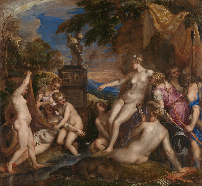 Characterized by Titian’s trademark painterly brushwork (meaning the artist’s hand is heavily visible and each brushstroke is distinct), this stunning canvas is filled with ten of Artemis’s followers, and the goddess Artemis herself. Reclined on a throne on the right hand side of the painting at the edge of the lake used for the huntresses’ bath, Artemis points a condemning finger at the sobbing, frightened nymph Callisto, who is being held down on the lower left side of the canvas while a handful of nymphs tear her clothes off her body.  Most of the figures in the painting are nude or mostly undressed, but Callisto is being forced to reveal her body and, consequently, her pregnant stomach carrying Zeus’s child. The background of this emotionally charged scene is an open, green landscape and blue skies with some light white clouds. There is a golden cloth just above and slightly to the right of Artemis’s regal position as divine judge that acts as a canopy over the huntresses watching the scene unfold. 