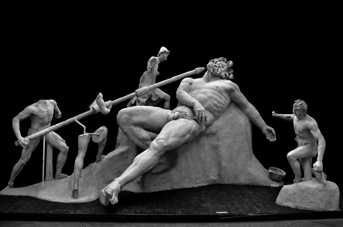 The statue depicts an episode from Book 9 of Homer’s “Odyssey”, in which Odysseus dulls Polyphemus's senses by giving him wine and then blinds him with a pole.