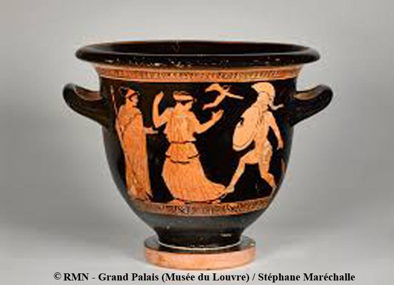 A terracotta depicting Aphrodite on the left hand side is with Eros who is flying above. They welcome Helen of Troy back to her husband Menelaus’ after the sack of Troy. However, Menelaus on the right is upset because she cheated on him. Helen is in the middle of the terracotta facing towards her husband but attempting to flee. 