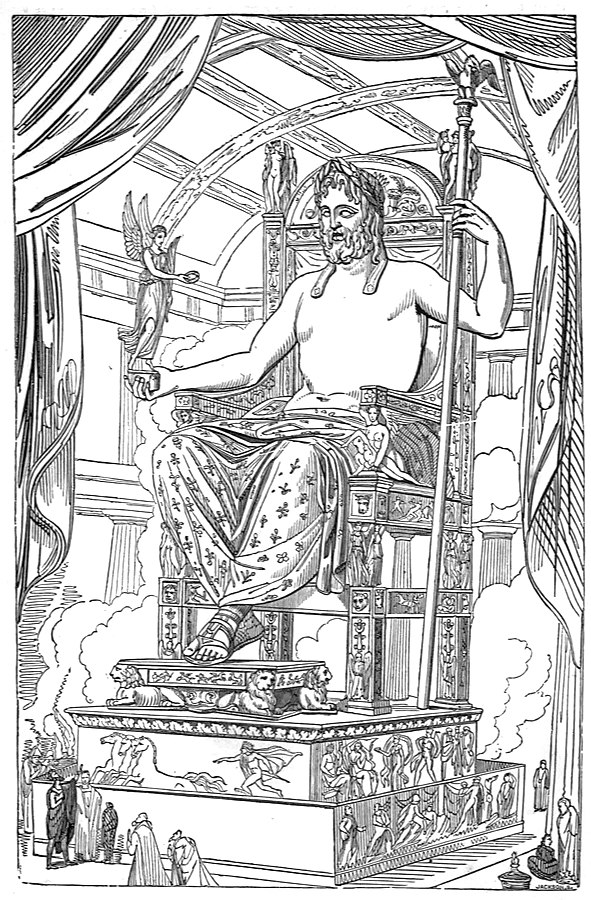 "Sketch of the lost Chryselephantine statue of Zeus at Olympia, seated on a gold and ivory throne, holding Nike and a scepter, adorned with precious gems and intricate carvings."