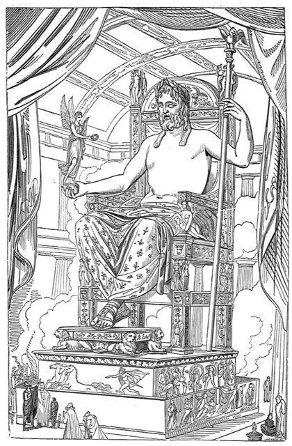 "Sketch of the lost Chryselephantine statue of Zeus at Olympia, seated on a gold and ivory throne, holding Nike and a scepter, adorned with precious gems and intricate carvings."