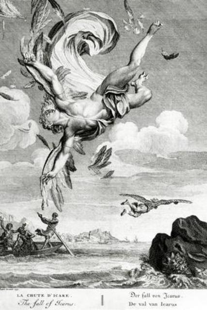 Picart, Bernard, “The Fall of Icarus”, 1733, engraved on plate. Depicts the fall of Icarus and the melting of his wings when he flew too close to the sun. 