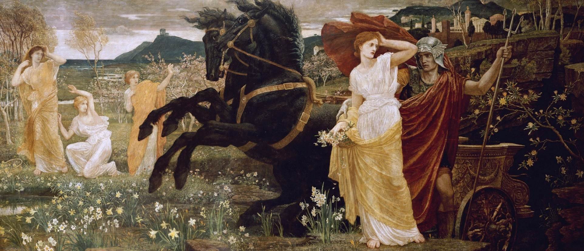 Divided into two halves: light, left, and dark, right; Persephone stands in the middle, narcissus in hand, flanked by red-cloaked Hades on her left, arm around her, and his immortal black horses to her right, separating Persephone from the bright meadow where she and her three fellow maidens frolicked picking flowers, and where now they cower in fear.