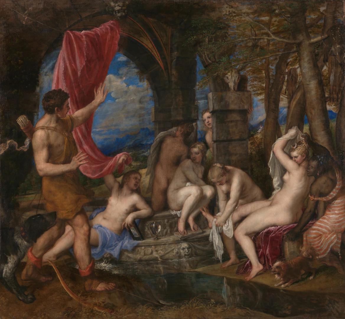 The oil painting is set in an outdoor bath and depicts eight total figures, with two people (Actaeon and Diana) as the central figures. Actaeon is the sole male in the scene on the left, while Diana sits on the right with her six nymphs spread horizontally across the painting. Actaeon, dressed in a light brown tunic, appears in mid-stride and extends both his arms upwards in a gesture of surprise. Diana is depicted with pearl decorations in her hair, and faces Actaeon with her hand holding up a white cloth to cover her body. Actaeon’s large collard dog is closeby on his right, and a small lap dog stands next to Diana with a hostile reaction to Actaeon’s arrival. Diana and her nymphs are all nude and display a variety of expressions, including (from left to right) one looking towards Diana in worry, one with her back turned to us, two looking downward, and one peering behind a column. 