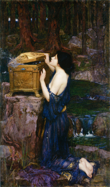 A painting shows a beautiful woman, Pandora, kneeling in a forest as she opens a golden box. Dark smoke rises from the box, and she is wearing a long dress.