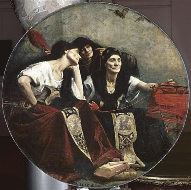Oil on canvas painting that depicts the three Fates at work. Clotho, spinning the thread and focused on the loom, Lachesis examining the threads length, and Atropos resting her eyes, scissors in hand.