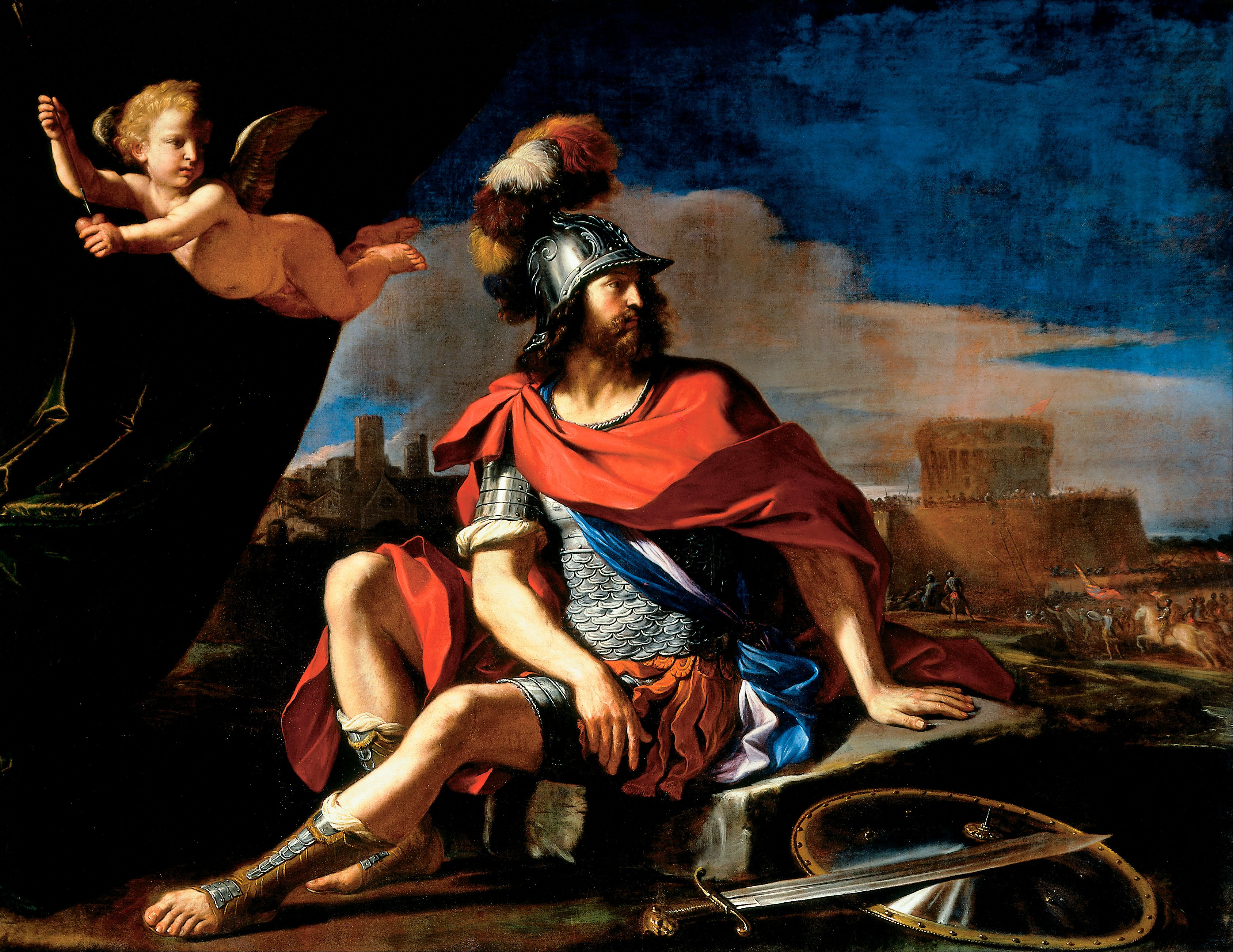 This picture depicts the Roman God of War Mars in shinning clothing colors and pale contrasting skin sitting down on a block of either stone or greyed wood. Over his right shoulder flys Cupid and in the distance to his left should appears to be a raid.