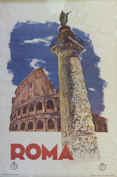 A poster in muted colors. The bottom fifth of the poster is a black box with large red text that reads 'Ercolano' with smaller grey text underneath that says '(Napoli).' There are small logos on either side for the ENIT. The main image is an artistic illustration of a hand lifting a large rock off of Roman ruins.