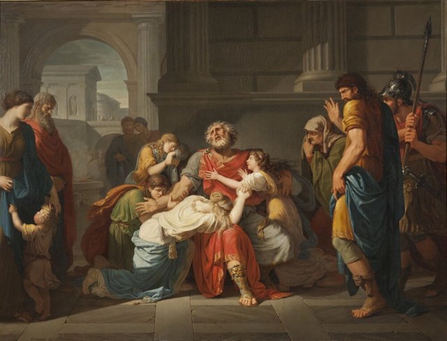 Oedipus killed his father and wed his mother while being seduced and ignorant. He cried out to the gods in desperation after realizing the truth, asking them to decide what would happen to his children. In the middle of the picture, the blind Oedipus hunches down in agony. He had blood or tears in his eyes. His kids sadly gave him a hug. The folks in their immediate vicinity gave them various expressions.
