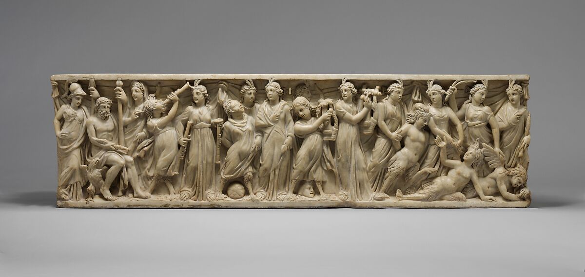 Marble sarcophagus carved with a mythological scene of the Muses in contest with the Sirens, showing women in robes with musical instruments facing Sirens in various poses.