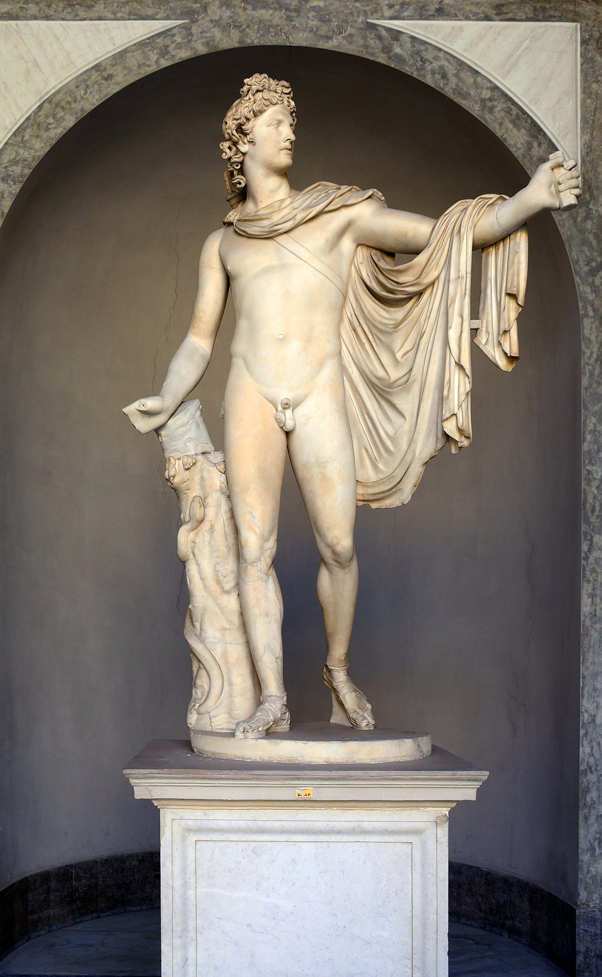 This is a white marble statue of Apollo Belvedere. The figure of Apollo stands frontally, with his weight shifted onto one leg. His right arm is extended, as he has just released an arrow, while his left arm is covered with his robe. Apollo has a quiver slung across his right shoulder. He is entirely nude except for a pair of sandals on his feet and a robe draped over his shoulder and thrown back.