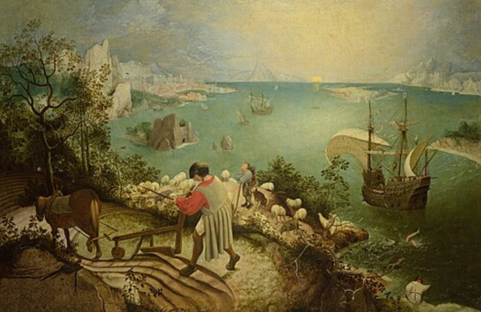 Painting of a large pastoral landscape with a farmer plowing in the foreground, a shepherd and sheep nearby, and ships sailing in the distance; in the lower corner, only the legs of Icarus are visible as he falls into the sea.