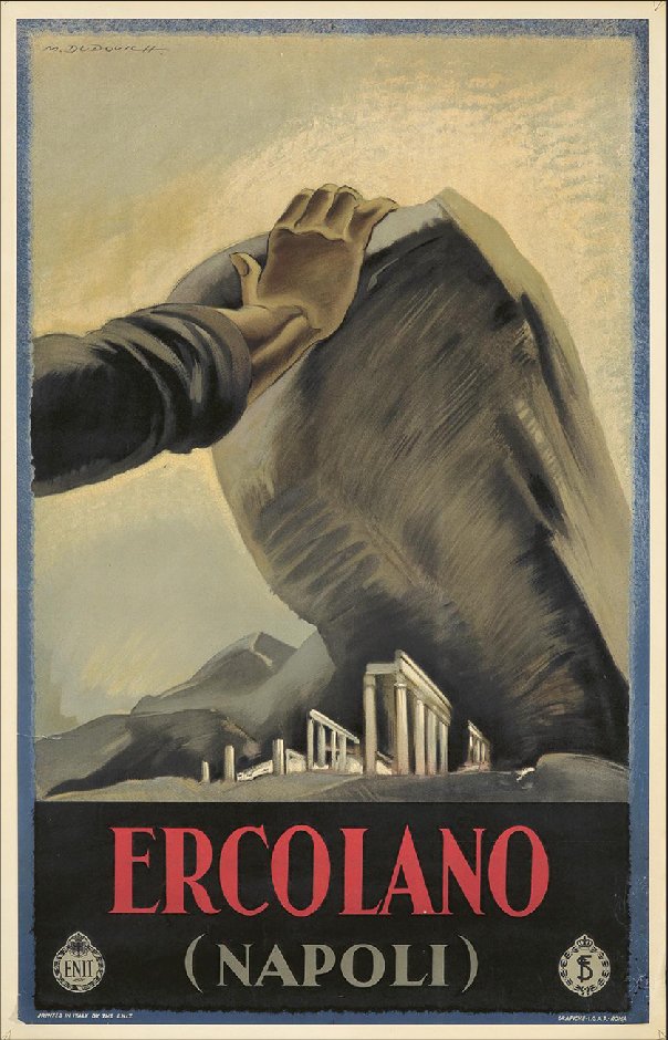 A poster in muted colors. The bottom fifth of the poster is a black box with large red text that reads 'Ercolano' with smaller grey text underneath that says '(Napoli).' There are small logos on either side for the ENIT. The main image is an artistic illustration of a hand lifting a large rock off of Roman ruins.