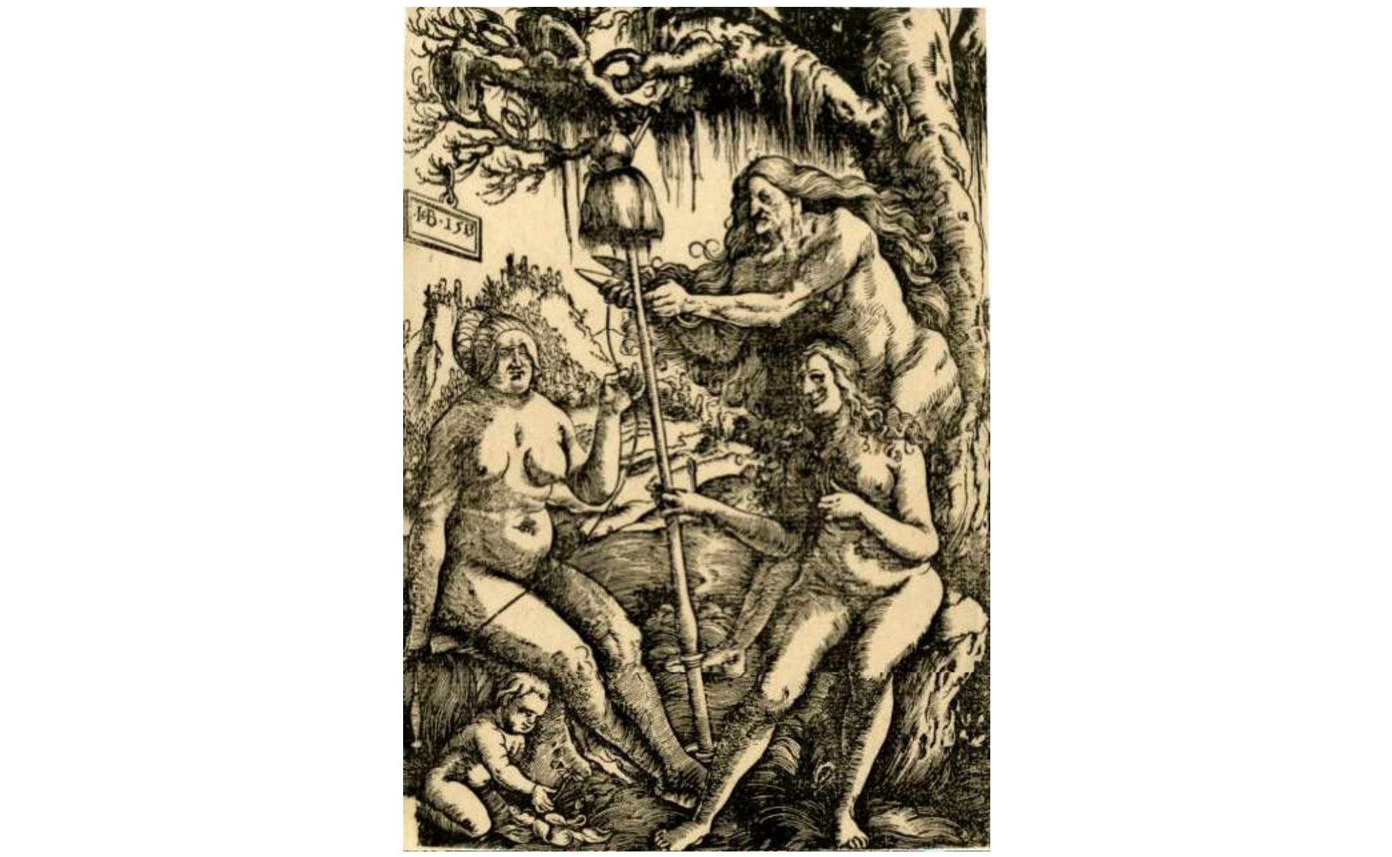 This paining depicts the three fates with  Clotho sitting on the far left holding the thread of life with Atropos cutting it standing in the middle and Lachesis sitting on the  furthest right holding the spool. The three women have prominent bare chests and wear devilish, scary faces. 