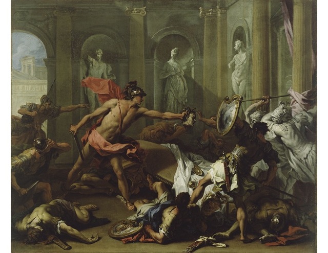 Perseus holds up the head of Medusa during his battle with Phineus and his gang. Around him are men either dead from battle or men turning to stone at the sight of Medusa's head.