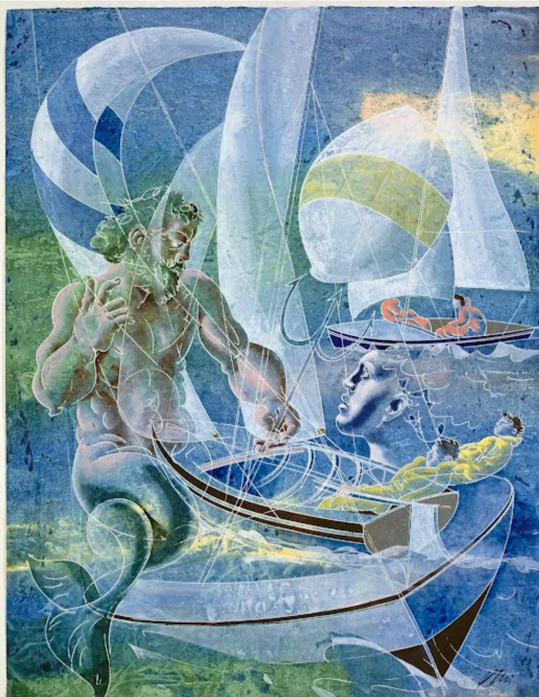 The painting shows the Greek god Poseidon on the left with a fish tail looking onto two boats of sailors. The wind god Aeolus is shown on the right. The painting prominently features light shades of the colors blue and green.