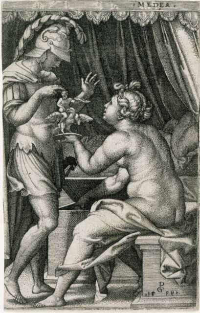 Black and white print drawing of Jason to the right of Medea. Jason is standing above, while Medea is sitting. Medea is holding a figurine of a man riding an eagle, showing it to Jason. While Jason is depicted as a fit, young man wearing a soldier's helmet, Medea is depicted with a disfigured body. 