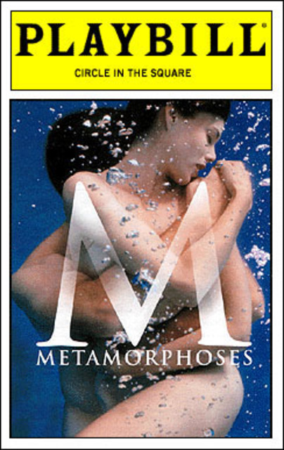 The playbill shows an image of a nude couple holding each other underwater surrounded by bubbles with a large translucent “M” covering the center, with the smaller word “Metamorphoses” underneath.