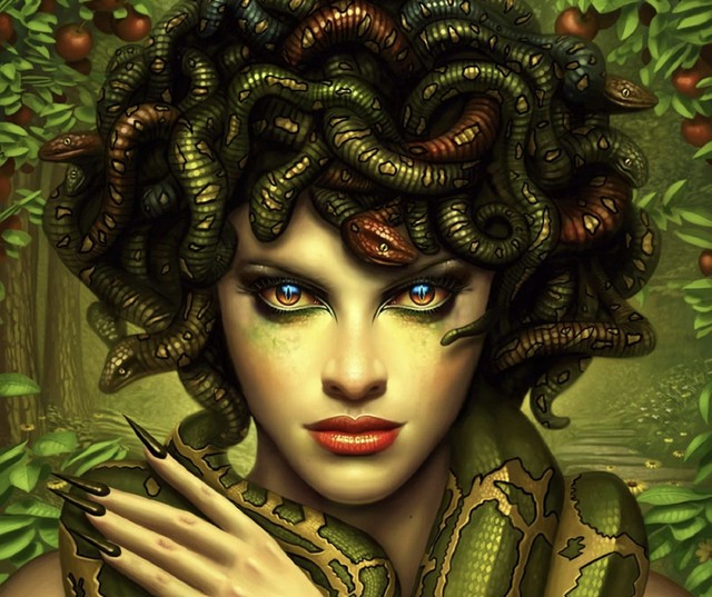 Medusa the famous gorgon of Greek mythology surrounded by apple trees and her snakes.